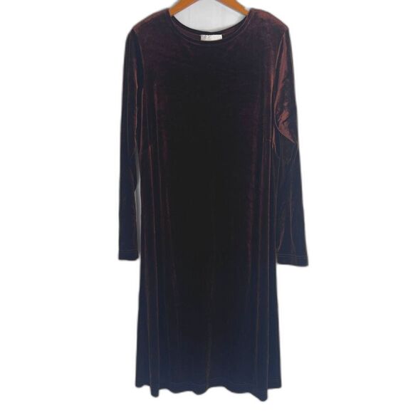 Susan‎ Graver Brown Velvet Long Sleeve Scoop Neck Shift Dress Size Medium - Picture 1 of 7